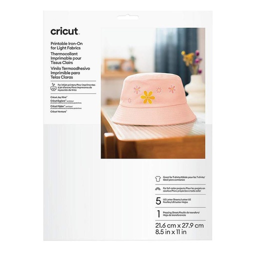 [014036] Cricut Vinilo Termoadhesivo Imprimible Prendas Claras (5 hojas)